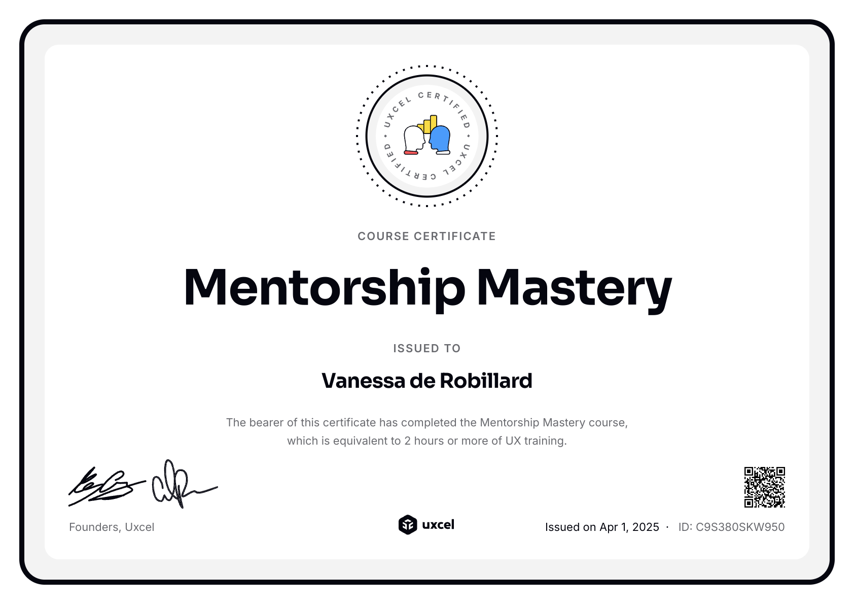 Vanessa de Robillard's certificate